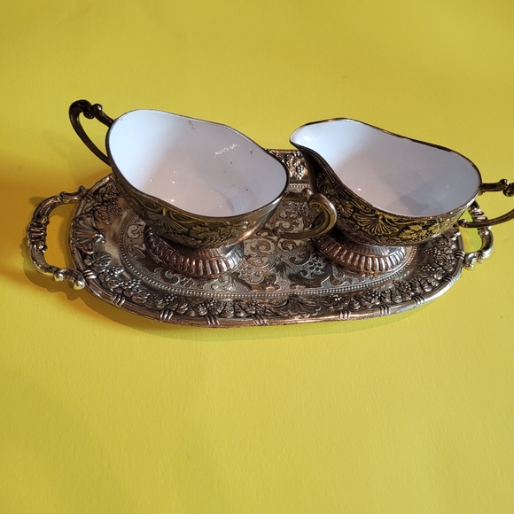 Vintage EP Zinc Japanese Silver Plated Creamer Sugar With Tray - Picture 1 of 15